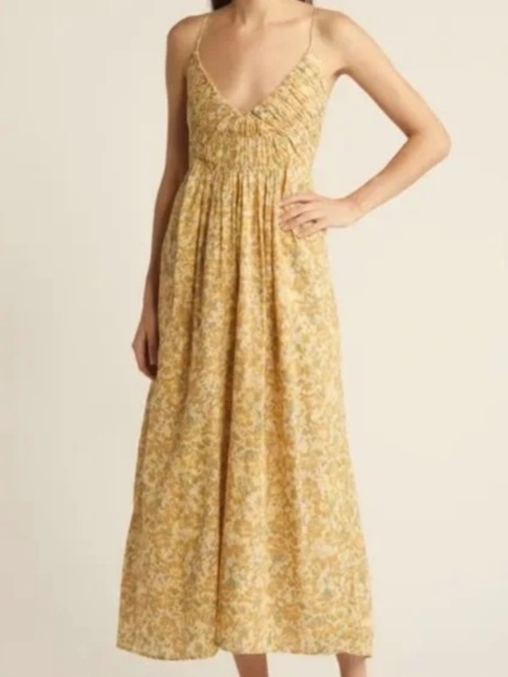 NWOT Treasure & Bond Pale Yellow Floral Smocked V-Neck Maxi Dress - Picture 3 of 11